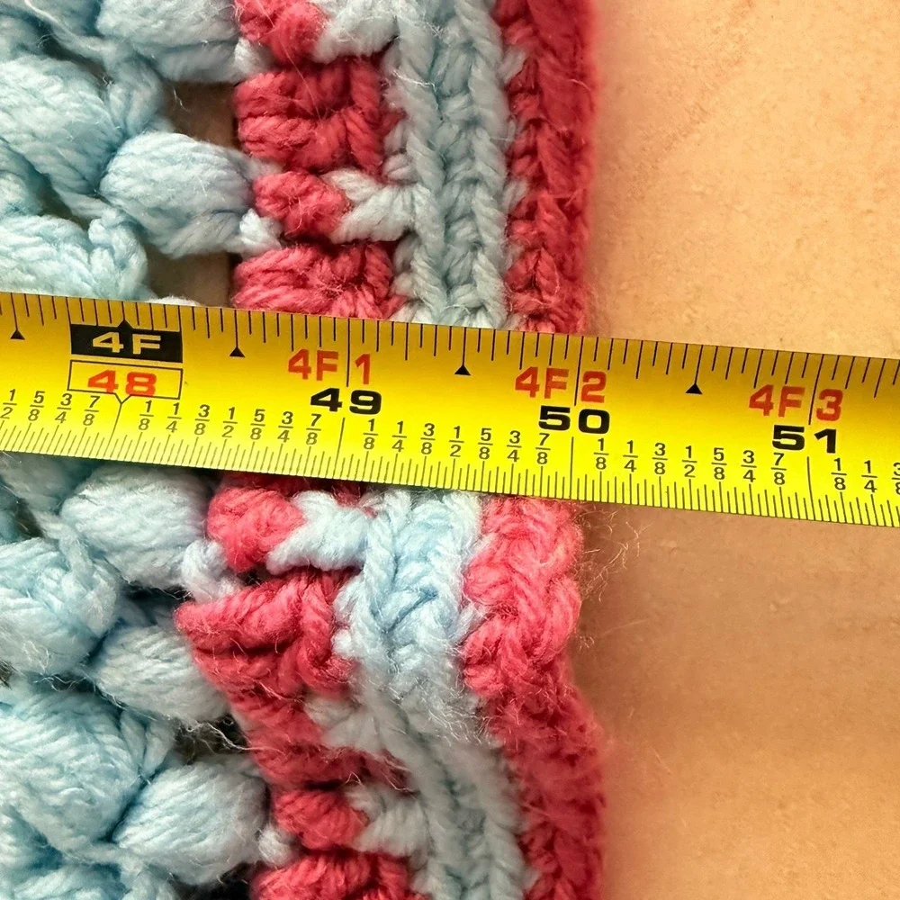 Hand Crocheted Striped Afghan Blanket Scalloped Edge Blue Pink 50x65 Crochet